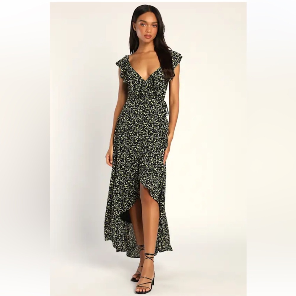 Lulus 500 Days of Love Black Floral Print Ruffled Wrap High Low Dress Size Small